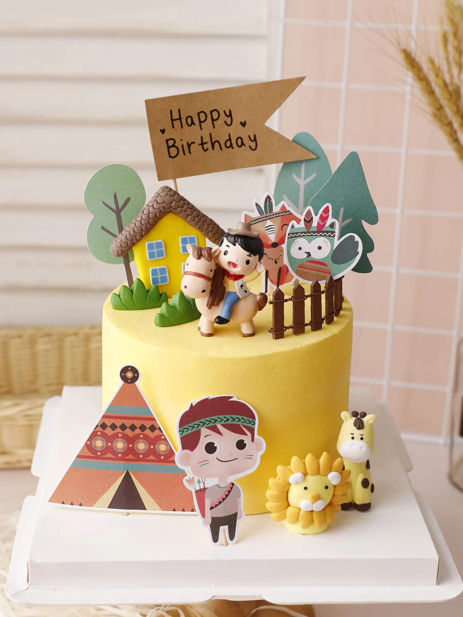 

Cowboy Ma Soft Clay Cake Topper Wild One Animal Lion Tiger Cupcake Topper for Jungle Safari Theme Birthday Party Decorations