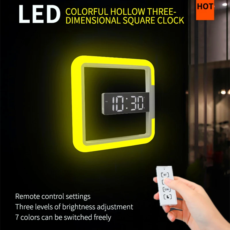 

RGB color changing remote control LED wall clock Creative hollow clock Hanging digital thermometer LED mirror alarm clock
