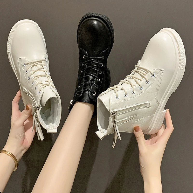 2021 Spring Autumn Leather Shoes for Women Fashion High-top Lace-up Shoes Thick Bottom Casual Short Tube Shoes Zapatillas Mujer