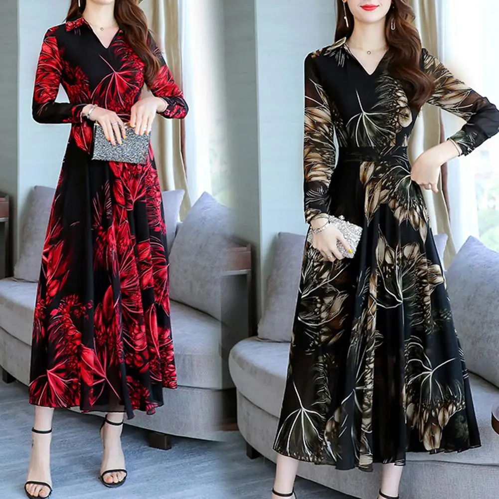 

Women Floral Print V-Neck Large Swing Tight Waist Long Sleeve A-line Maxi Dress