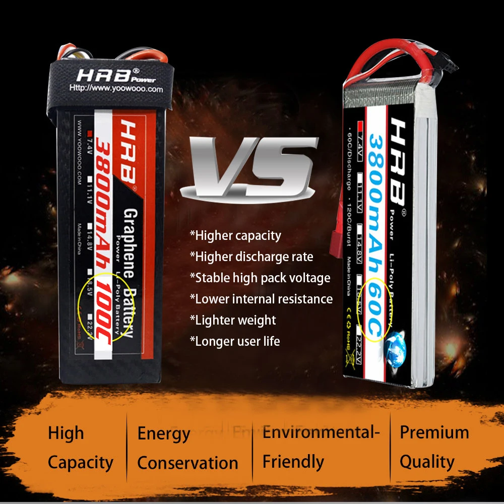 HRB RC lipo battery 2S 3S 3800 6S 14 8 мА/ч 120C Графен 7 4 В 11 1 22 2 в 18 5 1/12 Lipo для 1/8 1/10 Cars trx|Детали и