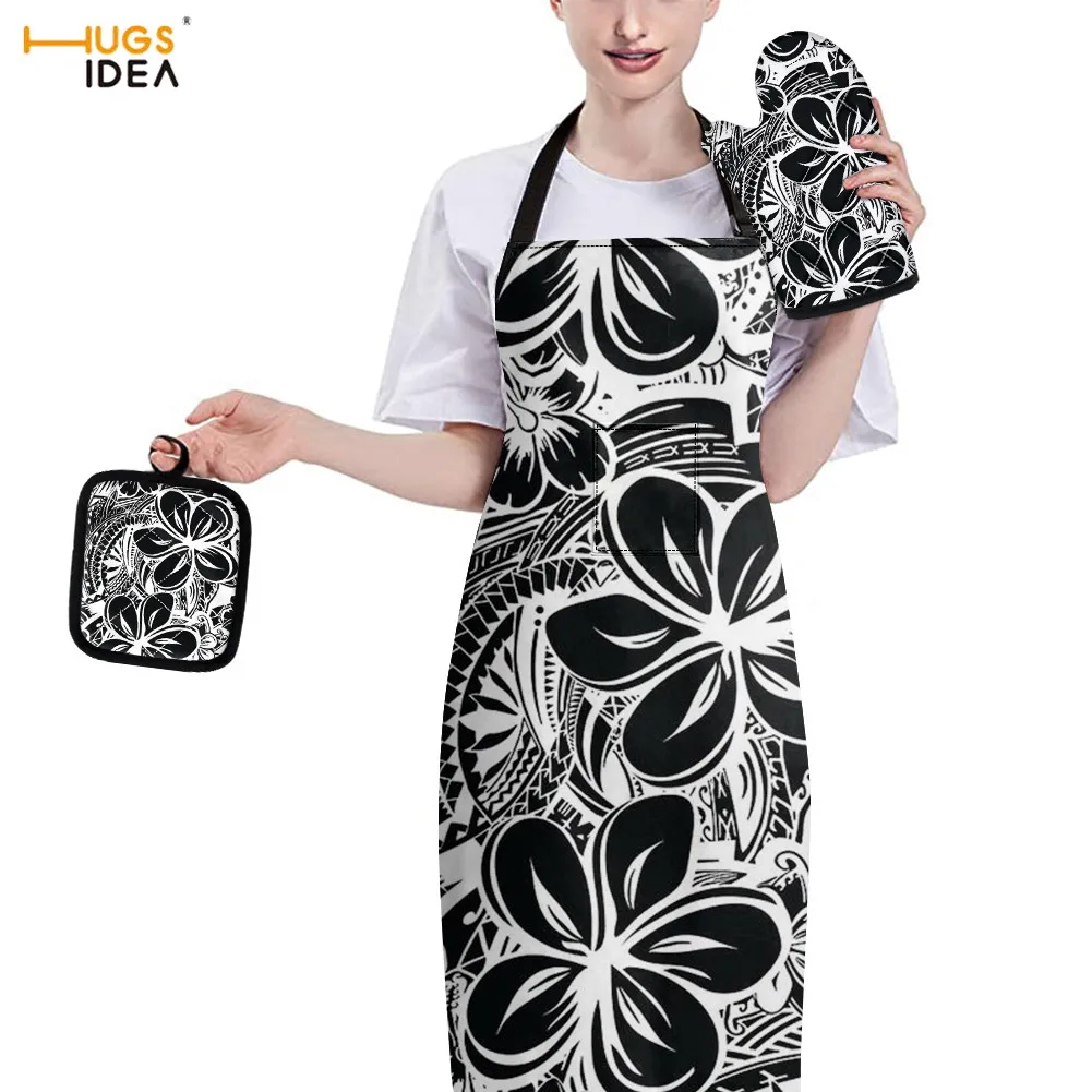

Polynesia Flower Pattern Heat Insulation Padded Oven Gloves Mat Sets with Apron Adjustable Non-slip Grill BBQ Mitts Baking Party