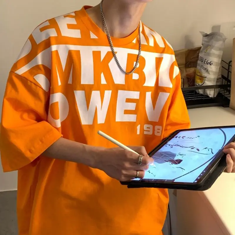 

Футболка мужская с надписью, короткий рукав, свободная повседневная одежда в Корейском стиле преппи Хай-стрит, стиль хип-хоп, лето 2021