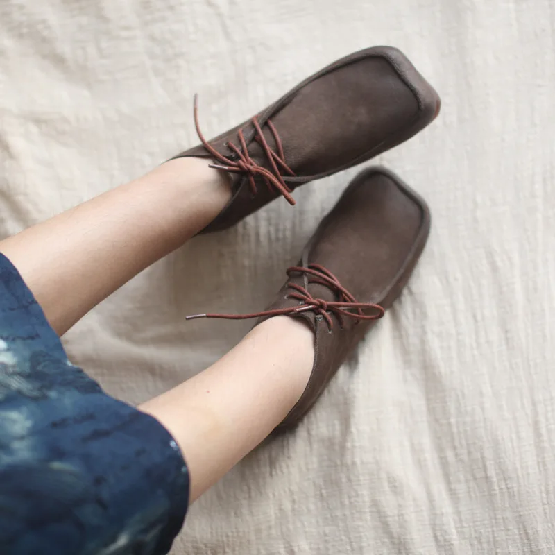 

Single Boots Lace up Knights' Boots Square Head Cowhide Mori Women's Retro Careaymade-autumn Literature Hand-made Leather Cotton
