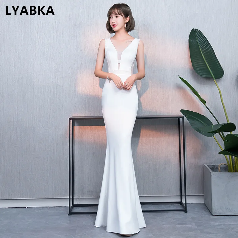 Сексуальное длинное платье для выпускного вечера с v образным вырезом белое