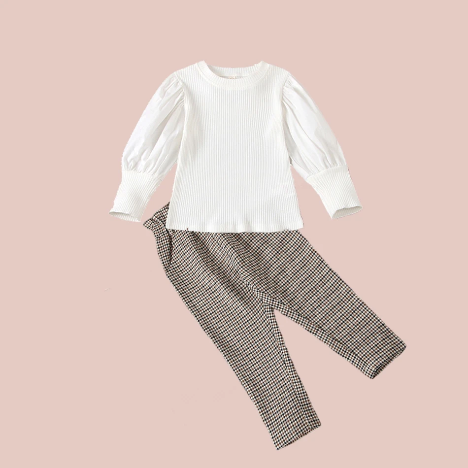

Autumn Baby Girl Fashion Clothes Chilren Cotton Suit Solid Color and Plaid Pants Kid Long Sleeve Streetwear O-neck Pullover