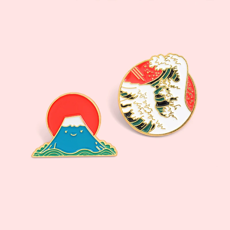 

Art Painting Waves Brooch Japan Mount Fuji Sunrise Badge and Symbol Blue Enamel Wave Collar Brooch Jewelry Collection