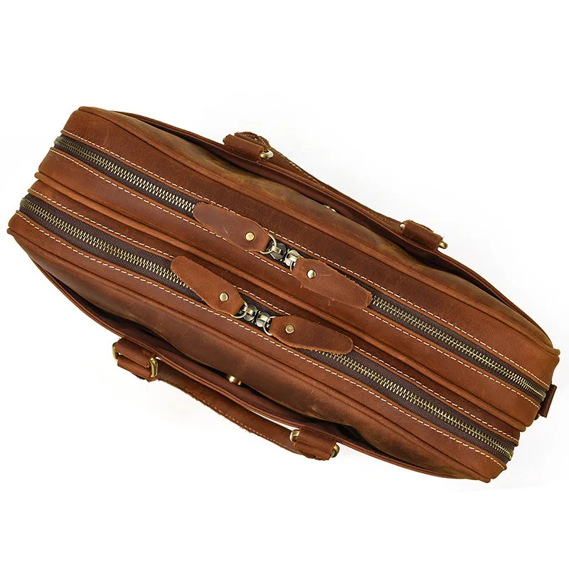 Vintage natural crazy horse cowhide men briefcase double compartment 2 zipper laptop handbag work genuine leather messenger bag