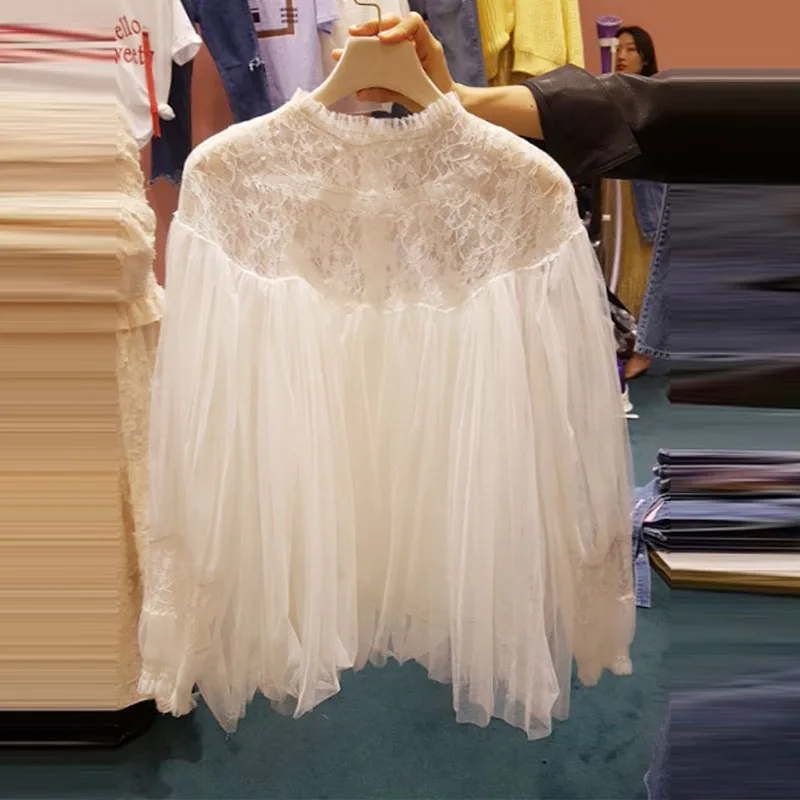 

Korean O Neck Lace Patchwork Women Blouses Vintage Long Sleeve Mesh Female Shirts Elegant Mujer Blusas