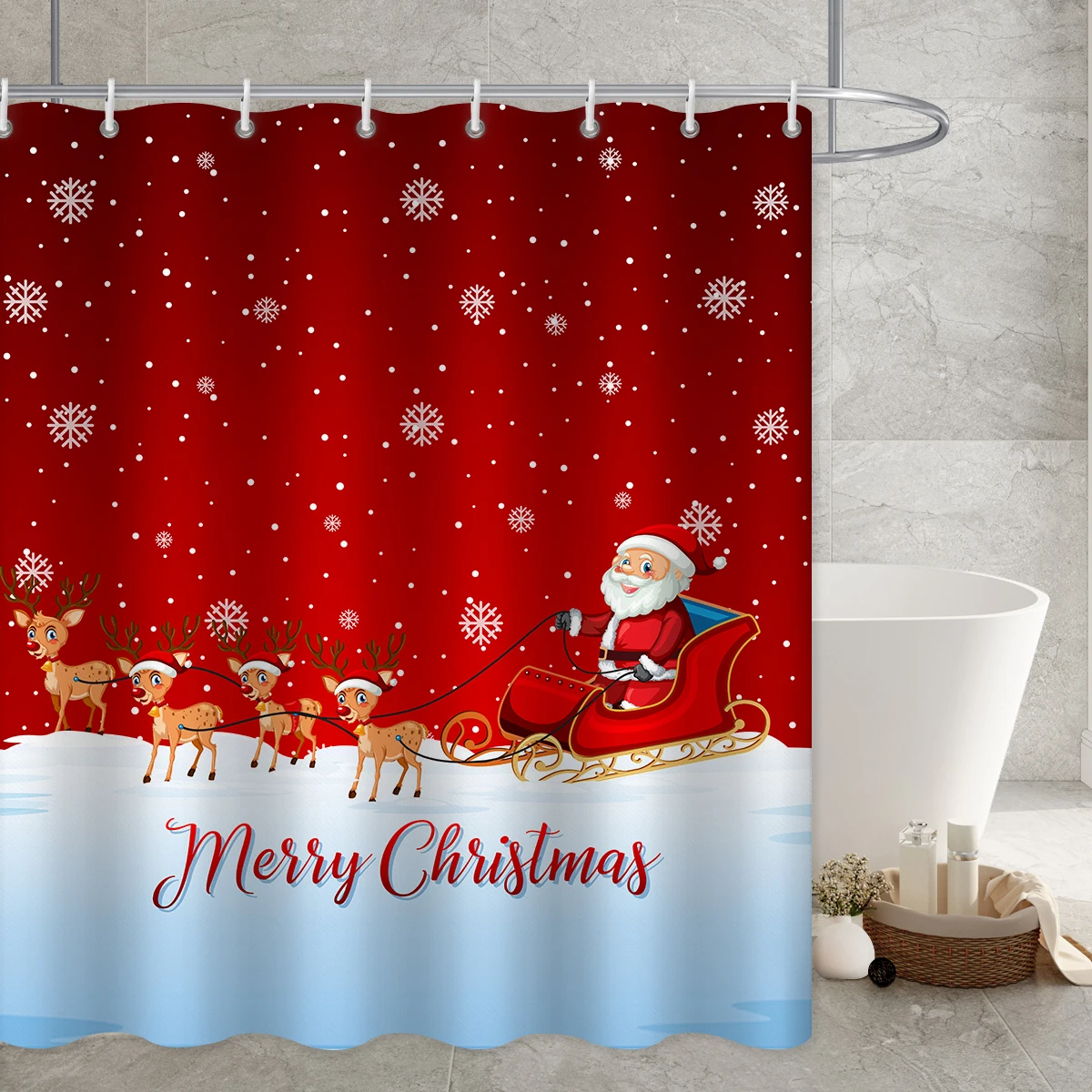 

Christmas Festive Red theme Shower Curtain Cute Cartoon Santa Claus With Four Moose Waterproof Fabric bathroom bathtub Curtains