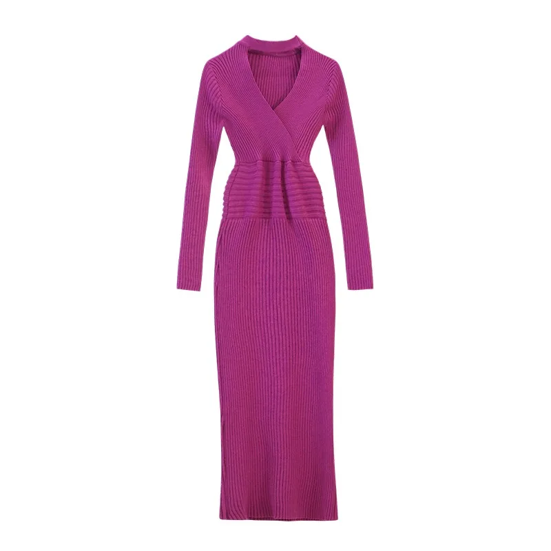 

2021 Autumn and Winter Sexy V-neck Halter Knit Bottoming Dress for Women with Waist and Hips Office Lady Sheath