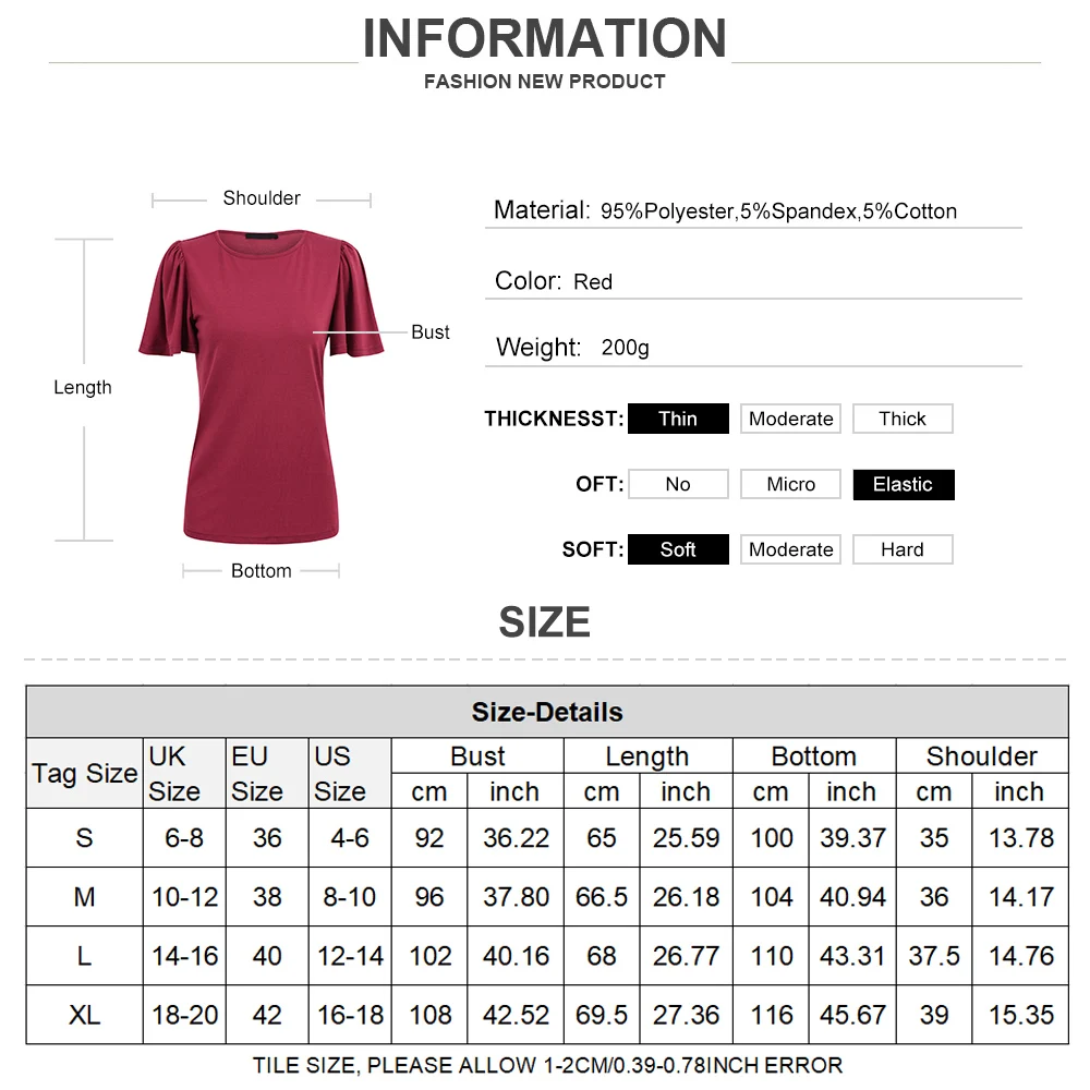 

Sales Women;s Solid Color Casual Tunic Crew Neck Ruffle Short Sleeve T Shirt Butterfly Sleeve Summer Fashion Loose Tee Tops D30