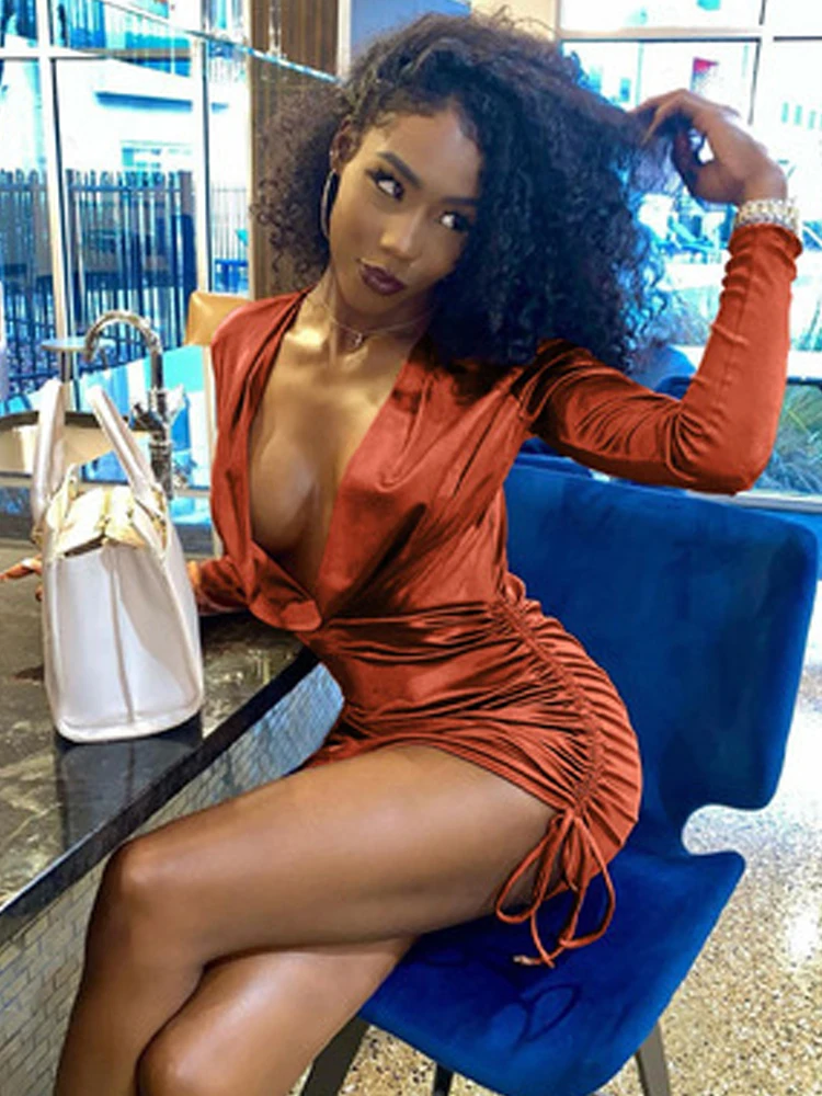 

European American 2021 spring summer hot products, new deep V pleated long-sleeved dress, short skirt, women's clothing #298