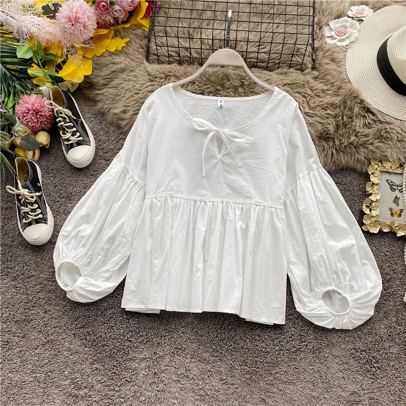 

JSXDHK Oversize Loose Spring Women Lantern Sleeve Shirt Tops Fashion White Cotton Bow O Neck Girl Blouse Office Ladies Tops