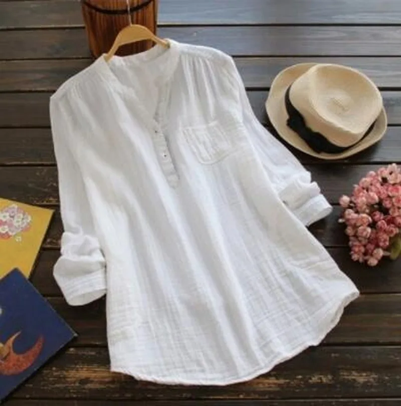 

Women Plus Size Blouse Summer Solid V Neck Blouses Loose Baggy Tops Tunic Shirts Womens Button Long Sleeve Tops Blusas Mujer
