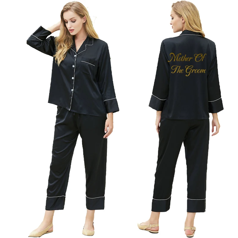 silk satin solid pajamas for women custom sleepwear wedding pajamas set home dress lettering nightwear black silk pajama