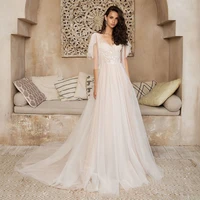 uzn boho wedding dress a line v neck lace appliques satin with tulle bridal gowns short puffy sleeves ivory brides dresses