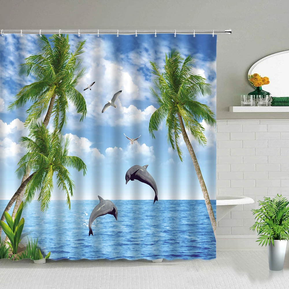 

Sunlight Ocean Dolphin Tropical Plants Shower Curtain Beach Starfish Shell Printing Waterproof Hanging Curtains Bathroom Decor