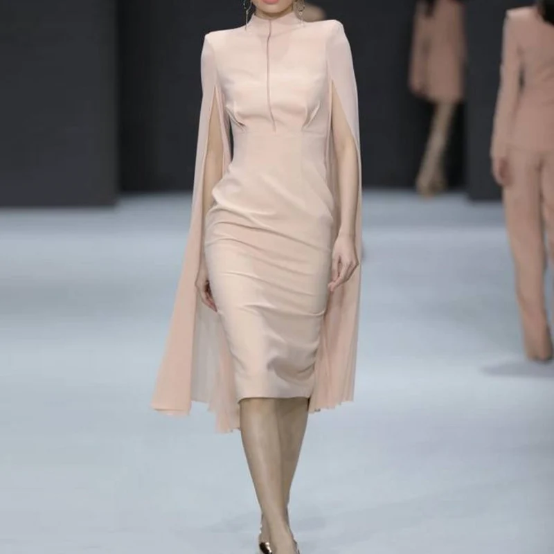 

HIGH QUALITY 2021 Designer Women's Sexy Fashion Ruffles Batwing Sleeve Knee Length Luxury Runway Pink Dress