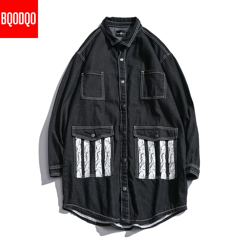 Мужская повседневная куртка с буквенным принтом черная джинсовая отложным