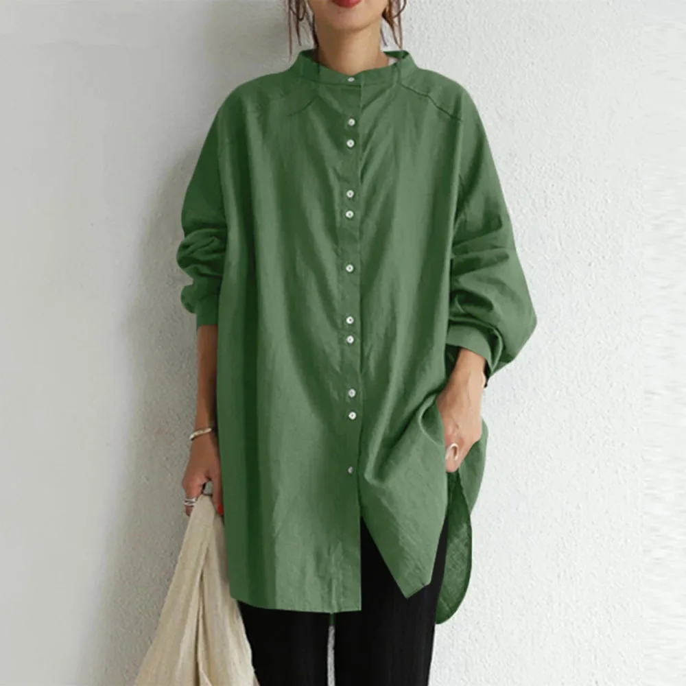 

Blouse 2021 Autumn Winter New Solid Color Stand Collar Color Contrast Buttons Loose Long Sleeve Casual Single Breasted Tops