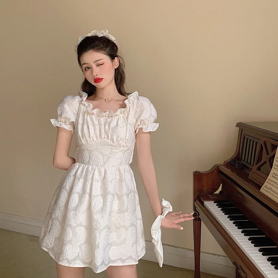 

Mini Dresses Women 2021 Sweet Puff Short Sleeve New Slim Cute Back Lace Up Square Collar Lace Girl Dress Elegant Vintage