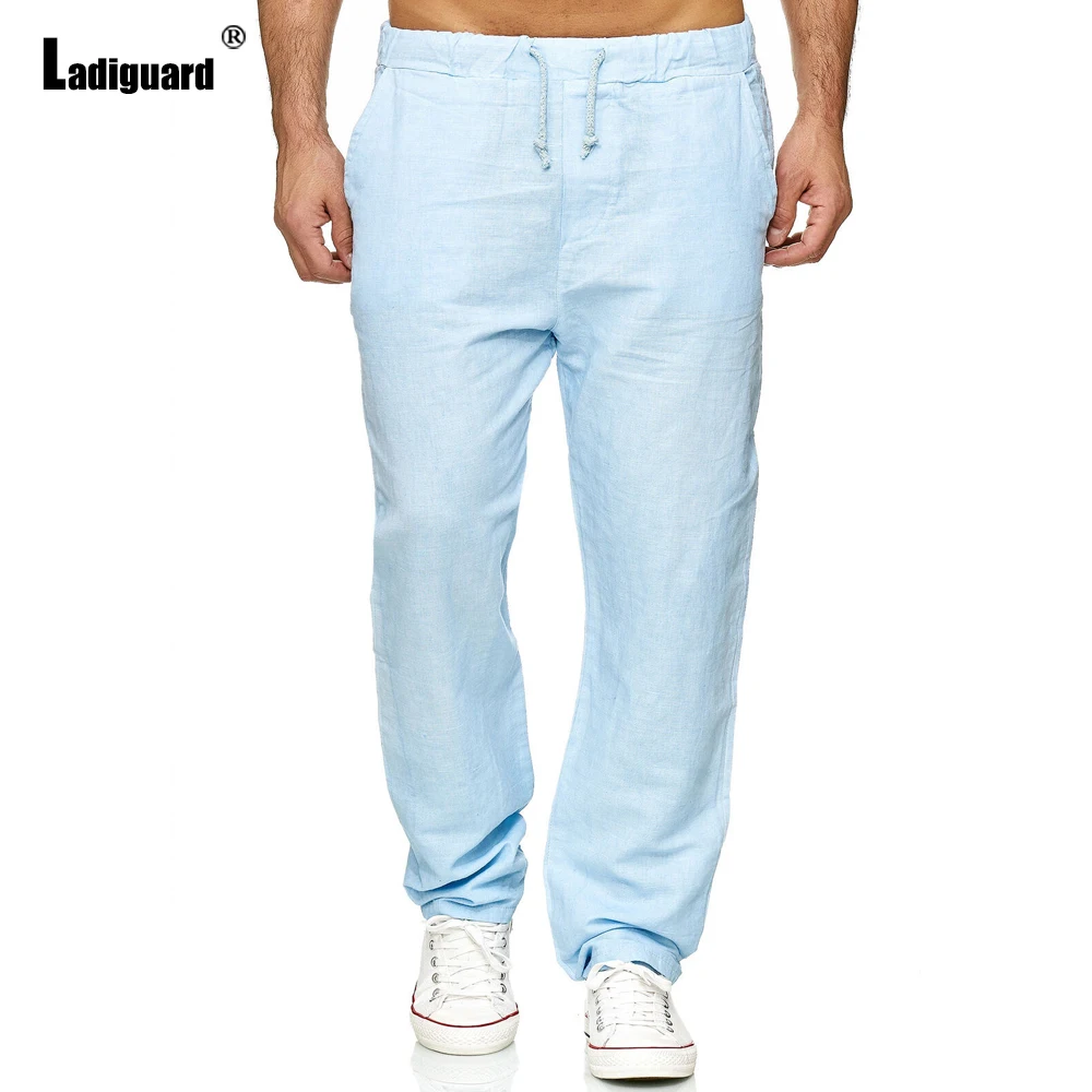 

Ladiguard Plus Size Men Casual Linen Pants Autumn Loose Drawstring Sweatpant Blue Khaki Straight Trouser Sexy Mens clothing 2021