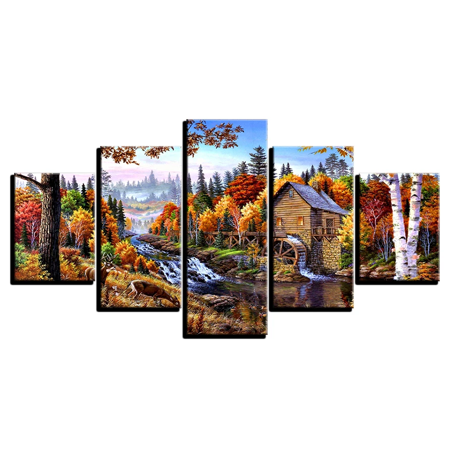 

Modern Prints Framed Wall Art 5 Pieces Wooden House Forest River Scenery Paintings Decor Artworks Canvas Pictures Modular Poster