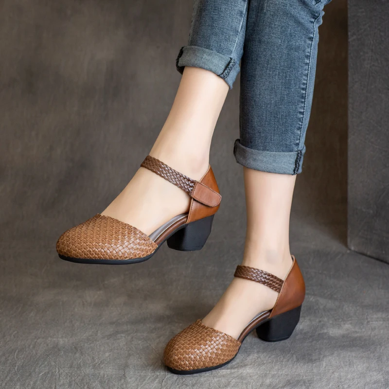 Женские кожаные сандалии коричневые летние туфли на высоком каблуке с вязаным