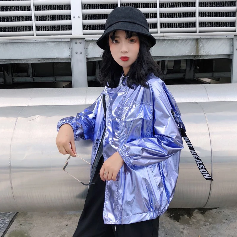 

Куртки женские Laser Bling Harajuku Твердые карманы на молнии тонкие Шикарные солнцезащитные очки корейский Стиль Личность женщины случайные студе...