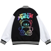 patchwork hip hop streetwear cartoon bear men baseball jacket autumn styrofoam jacket varsity jacket coat harajuku outwear 2021