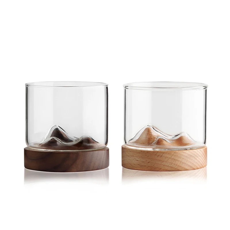 

Simple mountain design transparent tea glass cup with wooden base 210402-08
