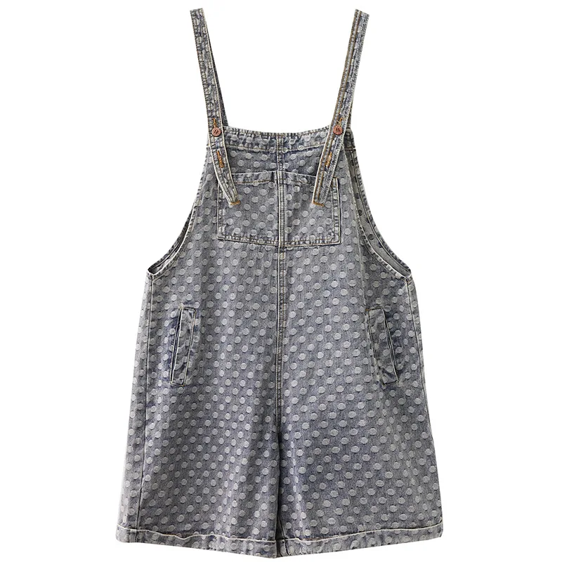 

Summer Sweet Polka Dot Denim Playsuit Women Casual Loose Sleeveless Denim Overalls Women Spaghetti Strap Wide Leg Jumpsuit Short