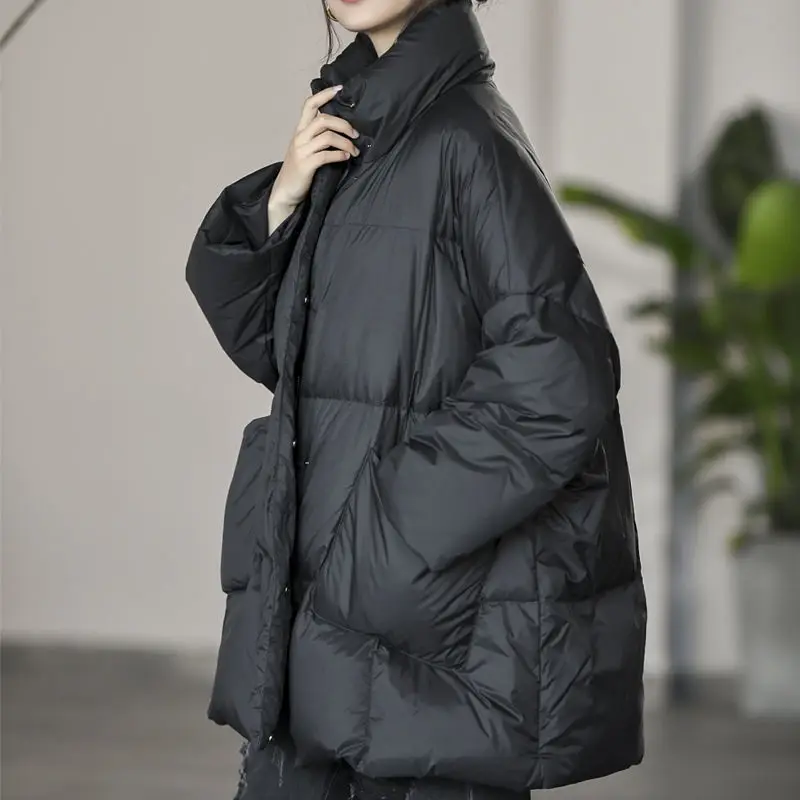 

Women 2021 Winter Fashion White Duck Down Coats Female Stand Collar Thin Down Jackets Ladies Long Loose Warm Outerwear R257