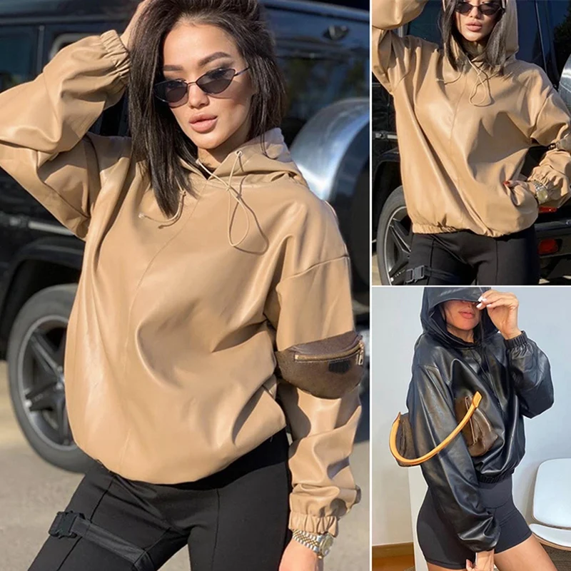 

Women'S Street Windproof Pure Color Simple Pu Leather All-Match Long-Sleeved Round Neck Hooded Sweater