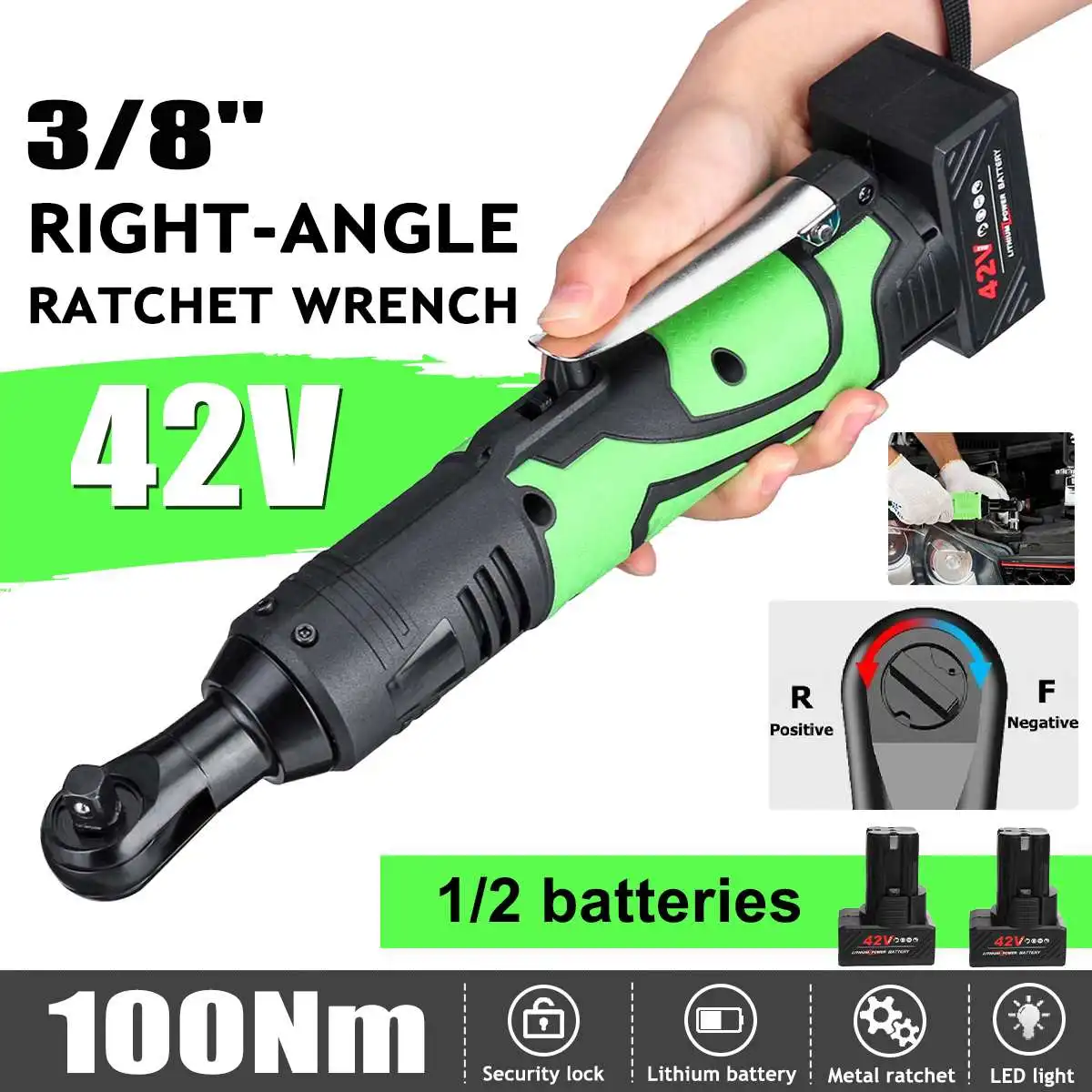 

100NM Cordless Electric Wrench 42V 3/8 Ratchet Wrench Set Right Angle Drill Screwdriver Car Repair Wrench Tool With 2Pcs Battery
