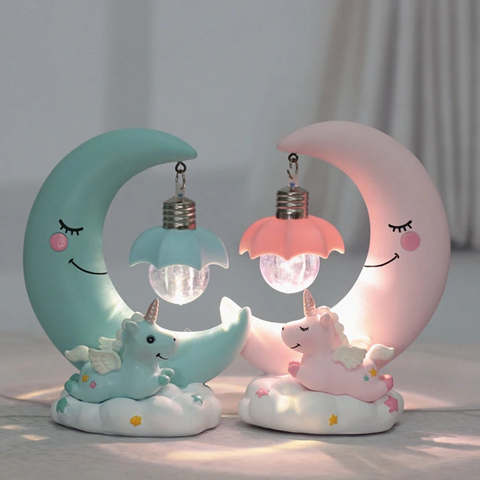 LED Night Light Resin Moon Unicorn Cartoon Baby Lamp Romantic Bedroom Decor for Children Kid Girl Toy Children's Gift Cute Light