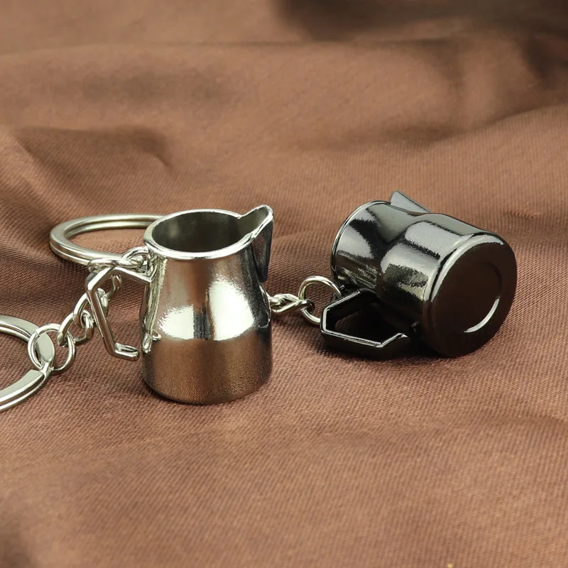Imitation Portable Coffeeware Barista Coffee Keychain Metal Handle Moka Pitcher Cafe Machine Keyring Espresso Accessories Gift