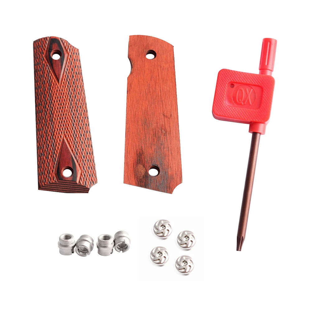 Red Diamond Wood Grips With Allen Screws & SS Grip Screws Bushings For 1911 Checkered