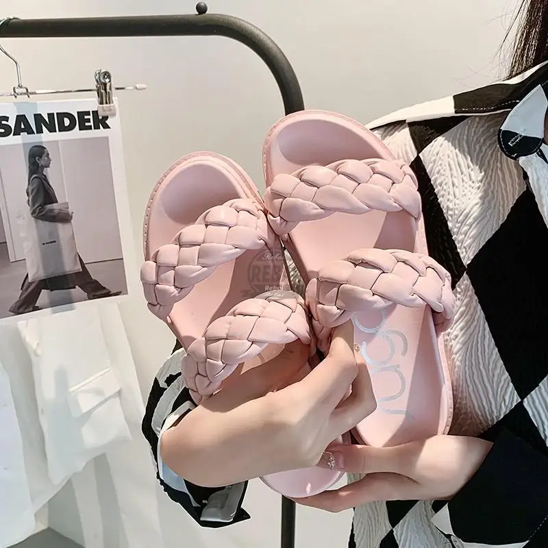 

2022 розовые, золотые удобные женские летние туфли с узкими ремешками, шлепанцы на платформе, уличные элегантные однотонные сандалии с открыт...