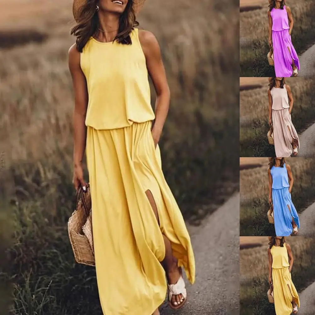 

Long Dress Solid Color Split Hem Women Sexy Round Neck Sleeveless Dress Streetwear