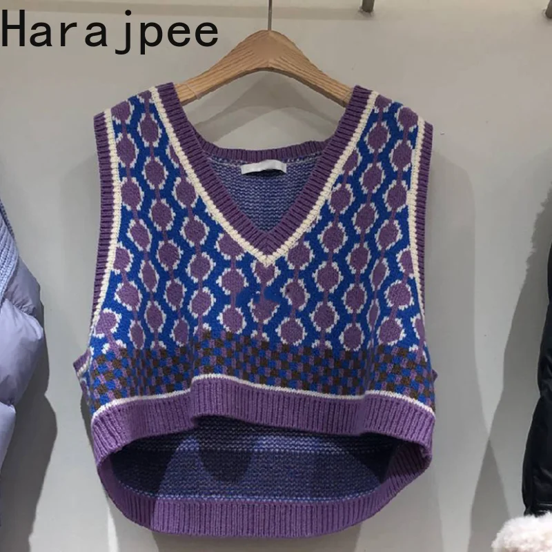 

Harajpee Knitted Vest Retro V-neck Loose Casual Plaid Patchwork Color Contrast Sweater Waistcoat Spring Autumn All-match Tops