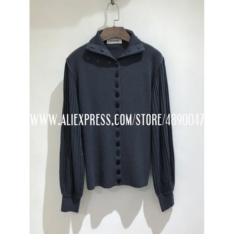 

Women's Knit Cardigan Pleated lantern sleeves Crew Neck Sweater pullover Casual Jacket Slim Fit Sweater Knit cardigan