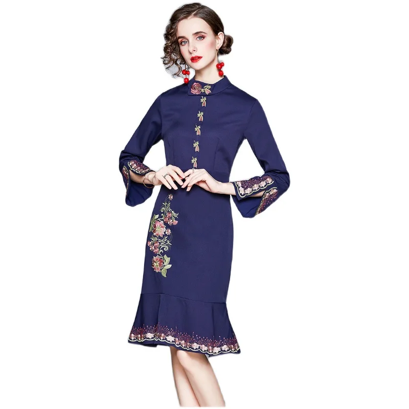 

European new graceful fishtail skirt retro high-end embroidery waist skirt show thin OL temperament