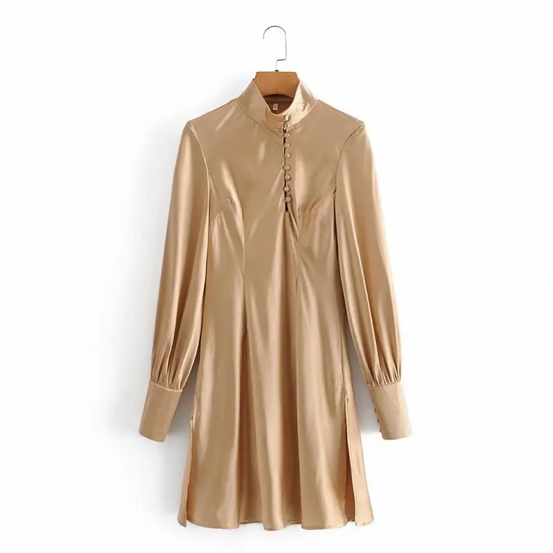 

2021 New Women Spring Satin Summer Dress Long Dress Solid Color Dress Long Sleeve Ladies Ruffle
