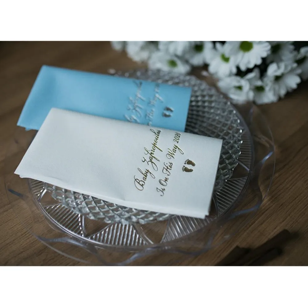 Продажа Индивидуальный логотип любой текст Baby Shower свадебные душевые салфетки Bedruckte Servietten персонализировать день рождения салфетки для ужина