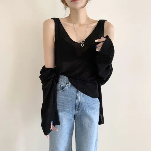 

2021 New Summer Women Cardigan 2 Piece Set Fashion V Neck Knitted Thin Loose Open Stitch Tops And Sexy Vest Solid Color Suits