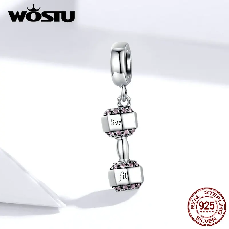 WOSTU Dumbbell Fitness Charms 925 Sterling Silver Fit Original Bracelet Pendant Beads Women DIY Necklace Sport Jewelry FIC1340 | Украшения
