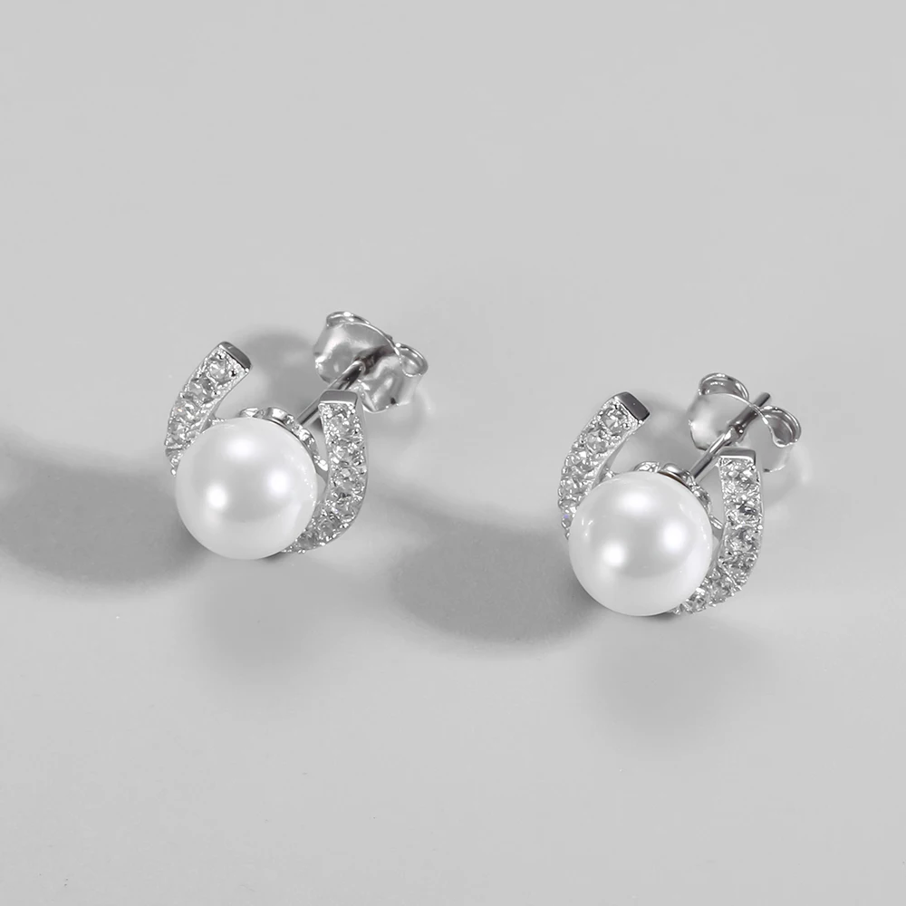 

Sterling Silver 925 Stud Earrings for Women U-shaped Zircon Natural White Pearl Earrings Luxury Fine Ear Jewelry