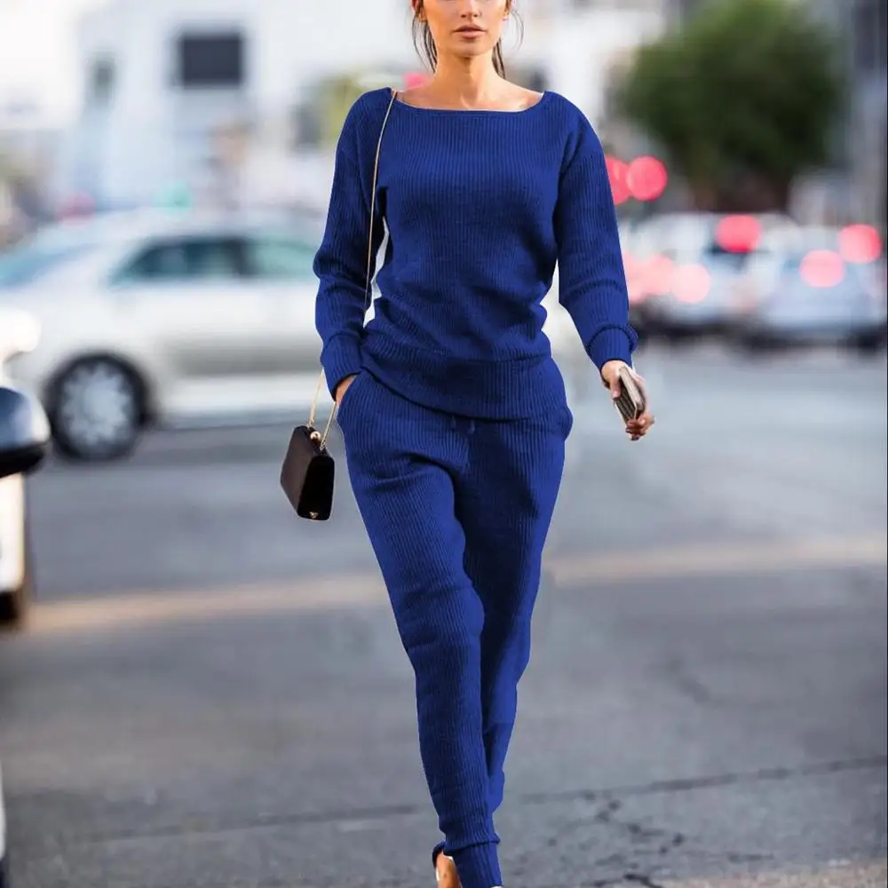 Casual Women's Sweater Suits and Sets Autumn Winter O Neck Long Sleeve Sweaters Tops+Long Trousers Solid 2 Piece 2019 |